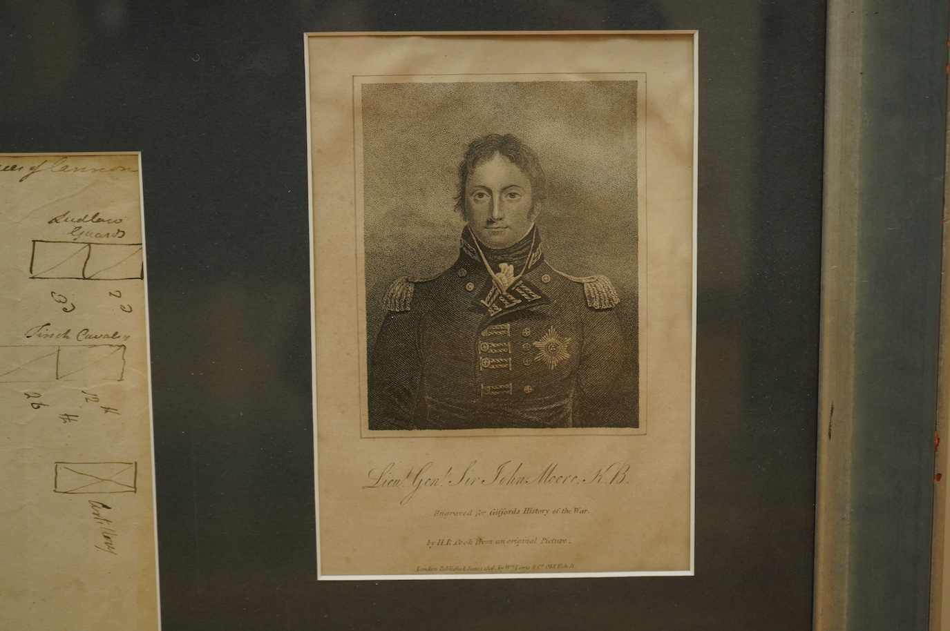 A framed Napoleonic military document relating to Lieutenant General Sir John Moore and the Peninsula Wars, including details of the placing of infantry units and signed on a partly pre-printed official document at Salam